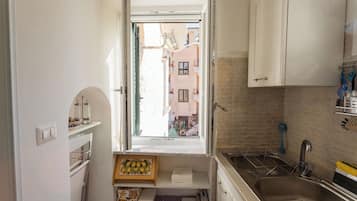Una cocina compacta con ventana, un lavamanos y una pequeña encimera.