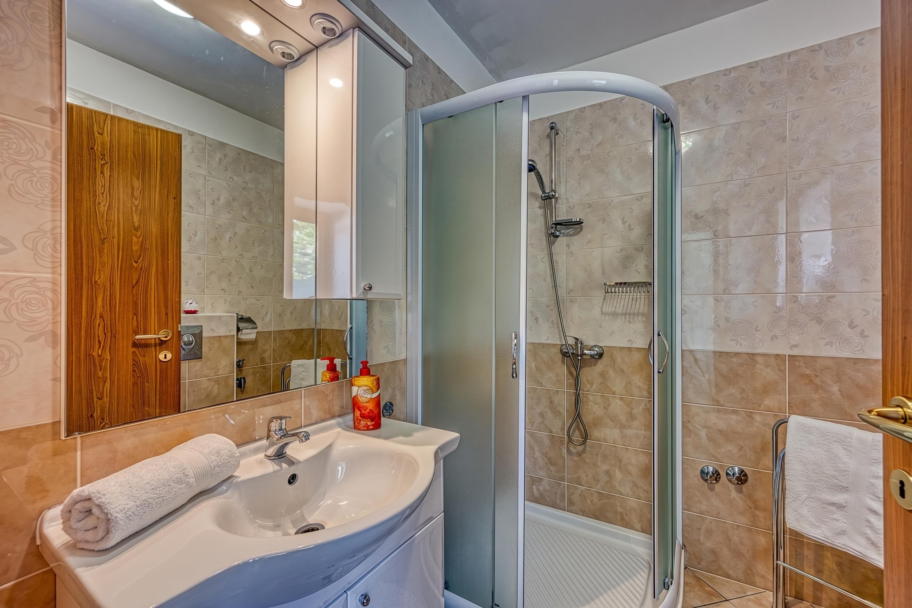 Une salle de bain avec un lavabo blanc, une cabine de douche en verre et une porte en bois.