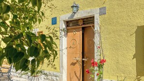 Une entrée d’immeuble avec un mur jaune, une porte en bois dotée de poignées métalliques et un pot de fleurs contenant des fleurs rouges.