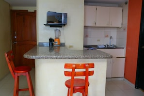Enjoy cooking in this well-equipped kitchen with a microwave, blender, and sink.