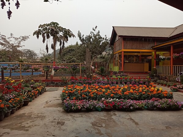 A garden with various potted plants and flowers, a wooden building with a porch, and a staircase leading to the entrance. - Atithya Resort (Sonapur)