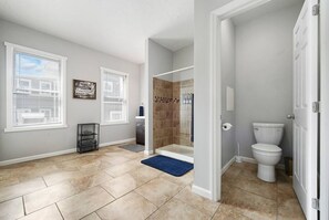 Eco-friendly toiletries, hair dryer, towels