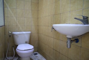 Shower, rainfall showerhead, towels, toilet paper