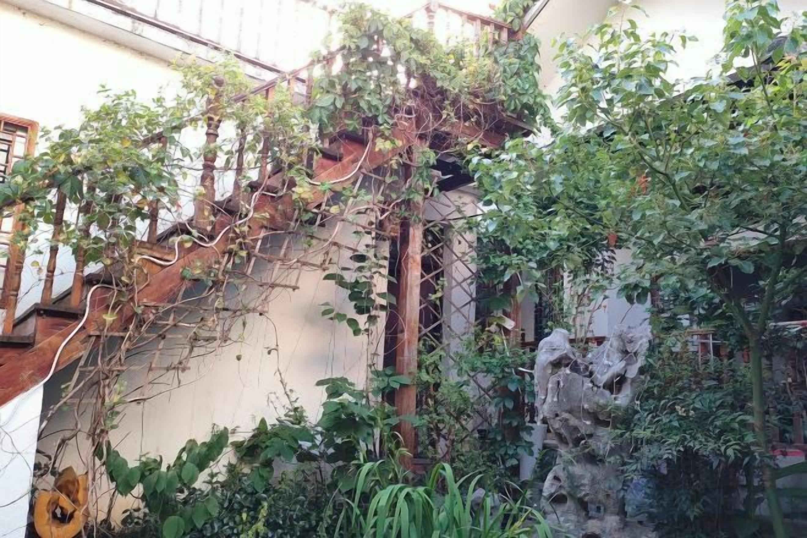 A garden with a wooden staircase, climbing plants, and a stone wall.