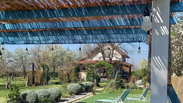 Un patio exterior con una mesa y sillas, una pérgola con luces colgantes y vistas a un jardín y edificios al fondo.