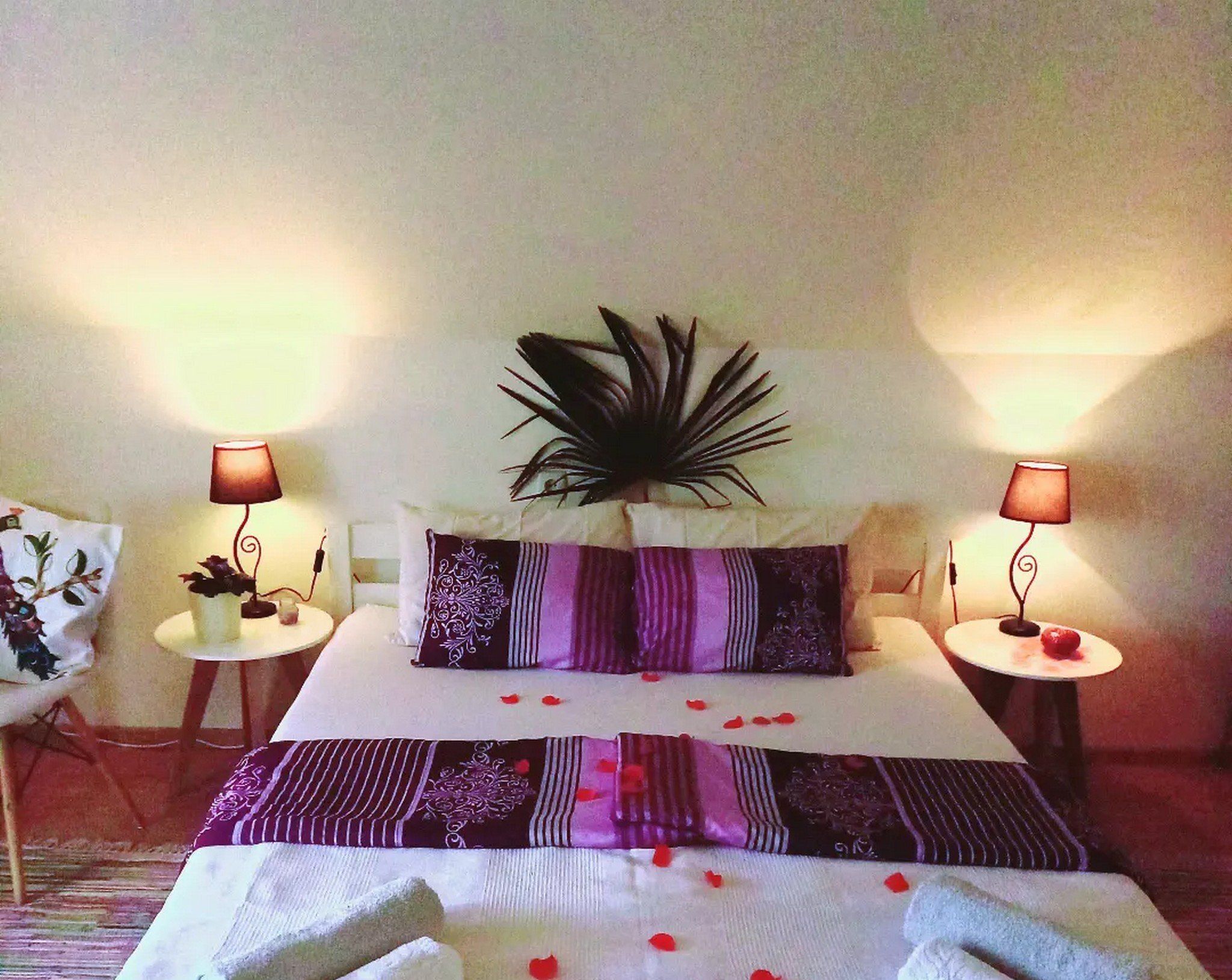 A hotel room with a neatly made bed, two bedside lamps, a decorative plant, and a small table with a fruit.
