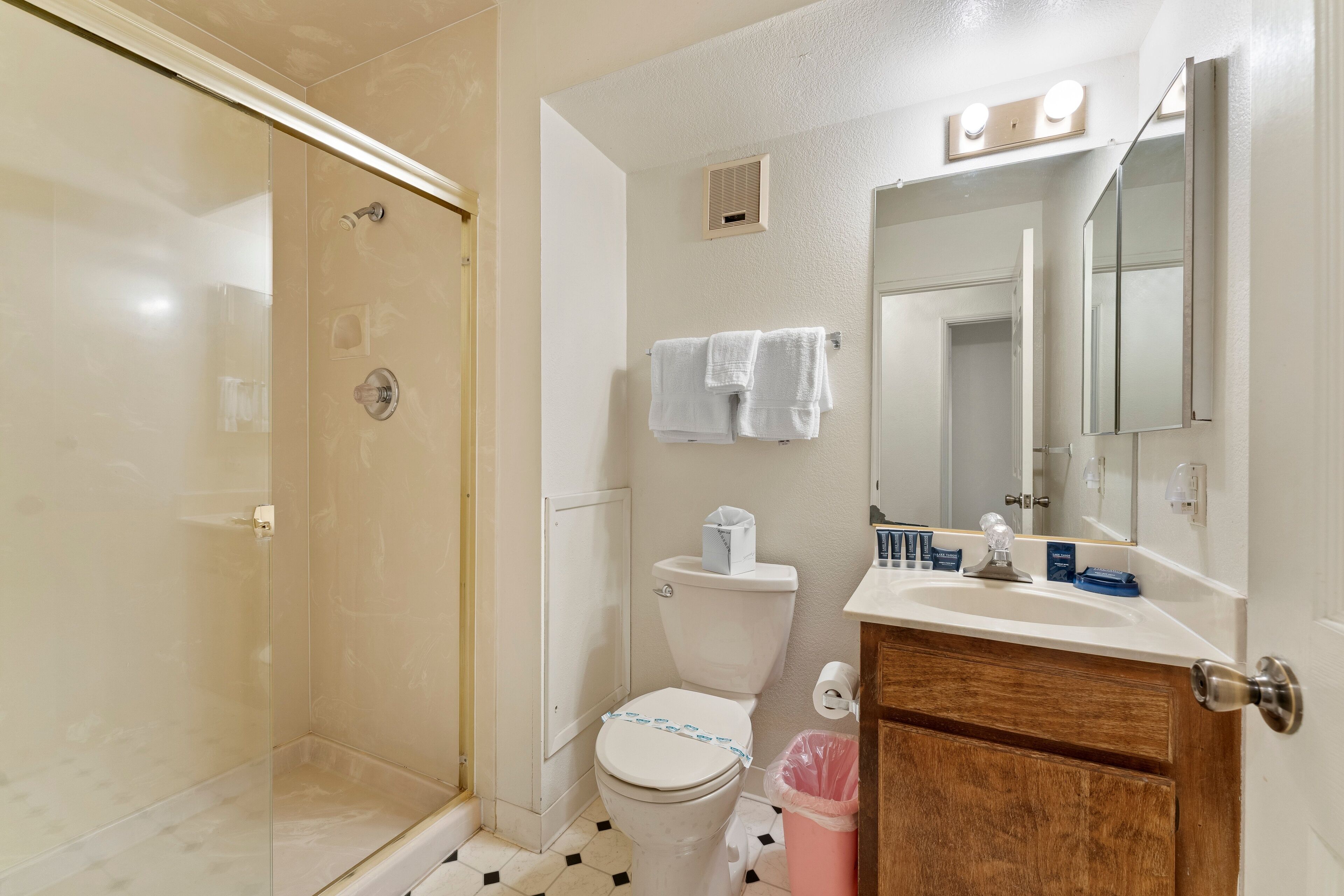 A bathroom with a glass-enclosed shower, a toilet with a white lid, a sink with a mirror above it, and a trash bin.