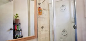 Hair dryer, towels, soap, shampoo