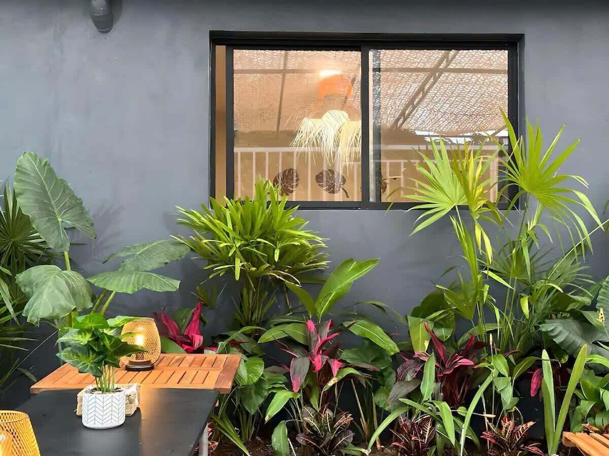 A room with a window, potted plants, a wooden table, and a lamp.