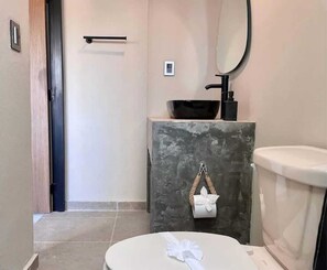 Shower, hair dryer, shampoo