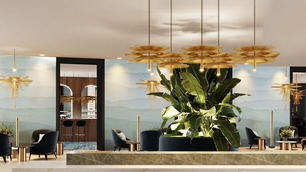 A modern lobby with a large central plant, multiple seating areas, and a bar visible through a glass partition. - Sirius Hotel (Keszthely)