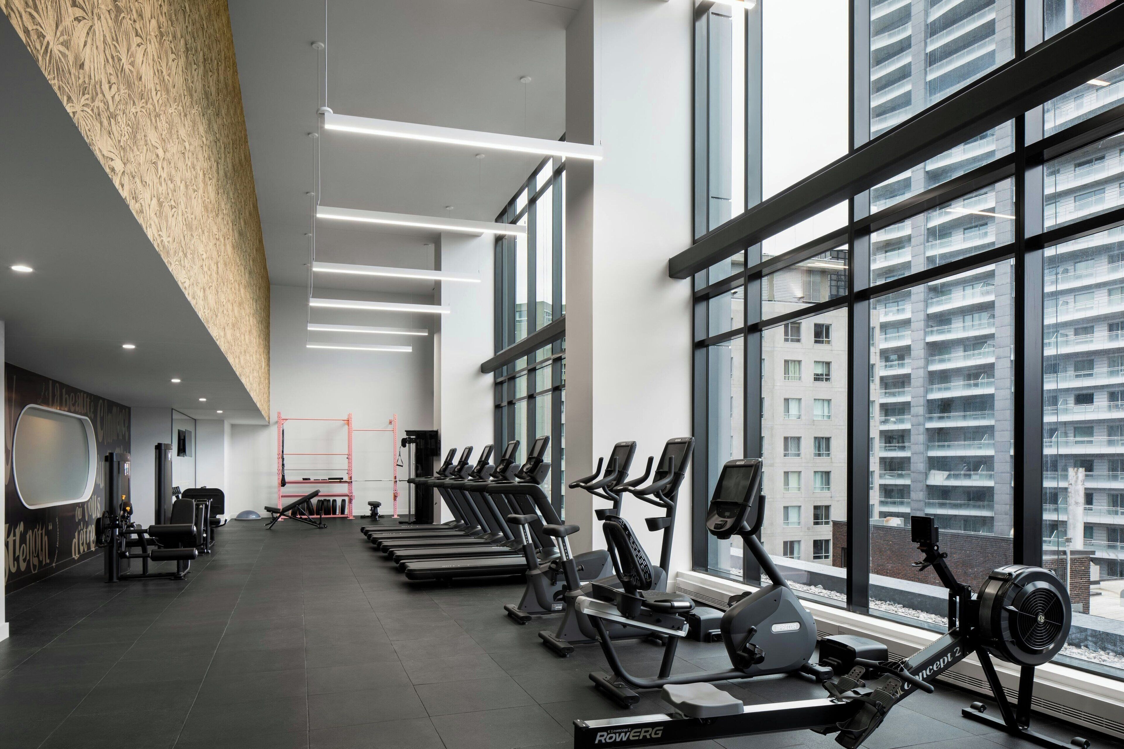 Una palestra moderna con tapis roulant, ellittiche e attrezzature per pesi.