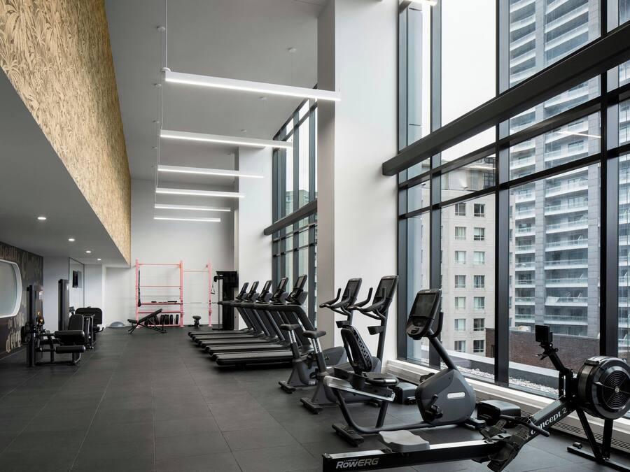 Una palestra moderna con tapis roulant, ellittiche e attrezzature per pesi.