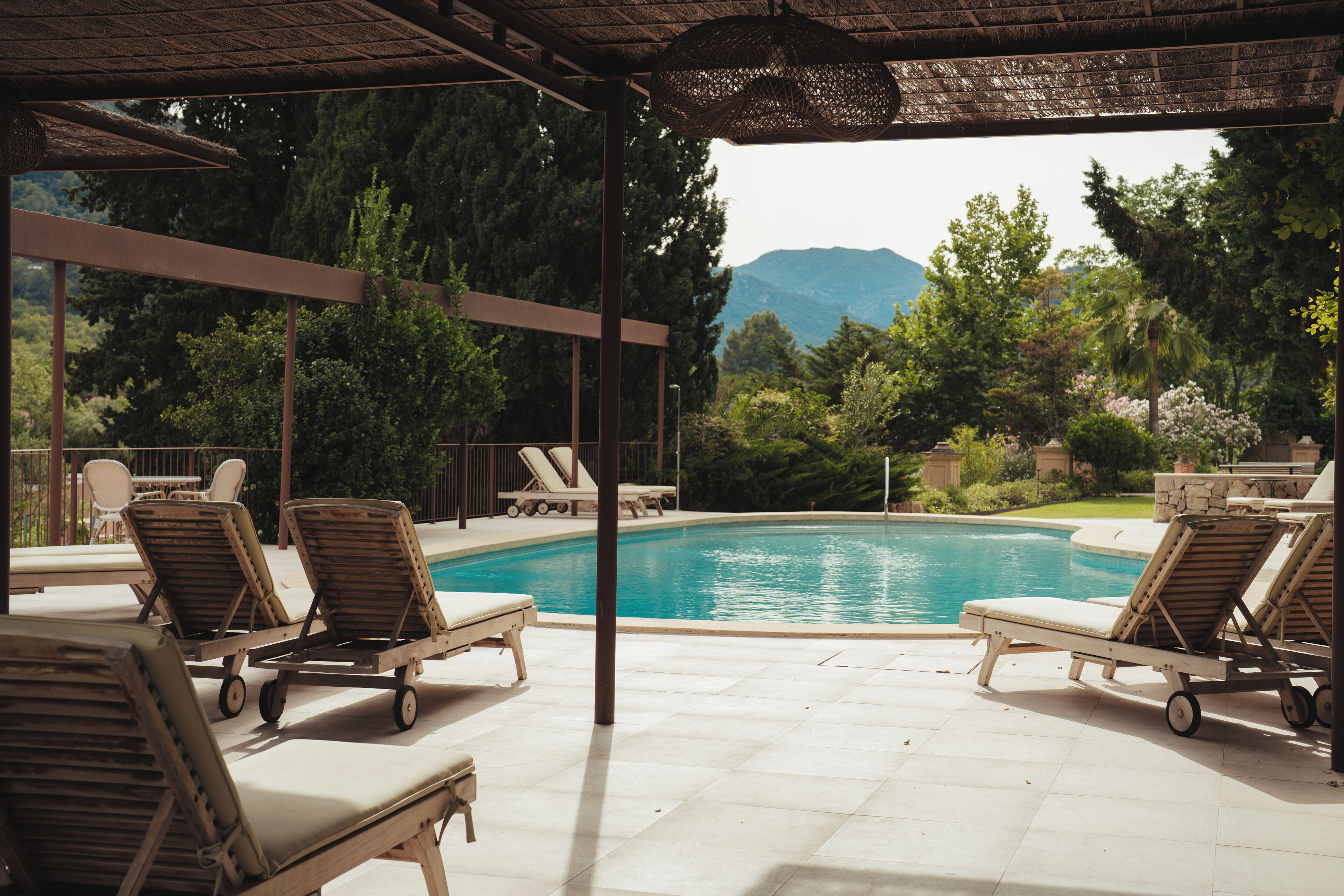 Outdoor pool, pool umbrellas, pool loungers