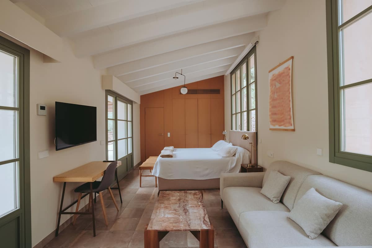 A compact room with a bed, a sofa, a desk, and a chair.