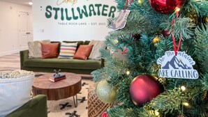 Een woonkamer met een kerstboom, een groene bank en een bord waarop staat 