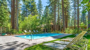 Une piscine entourée de grands arbres, avec des chaises longues et un espace abrité.
