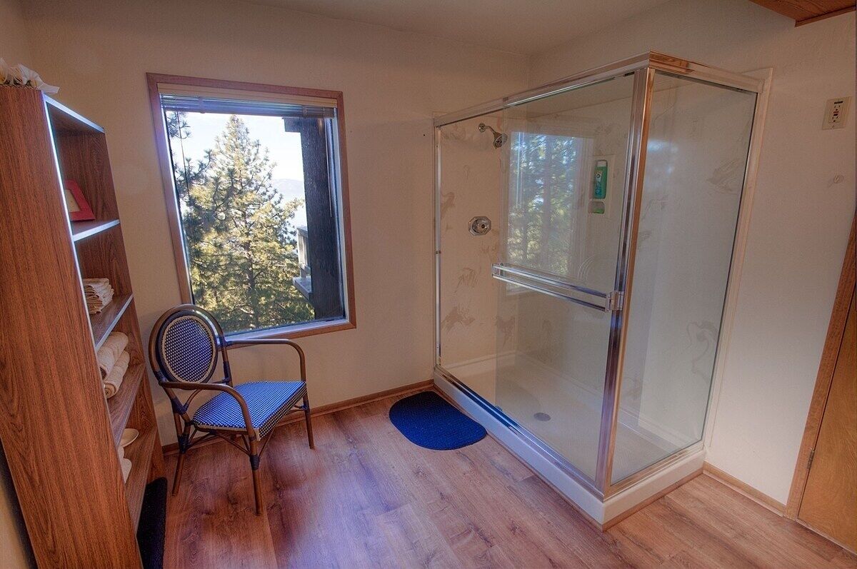 A room with a glass shower enclosure, a wooden chair, a bookshelf, and a window with a view of trees.