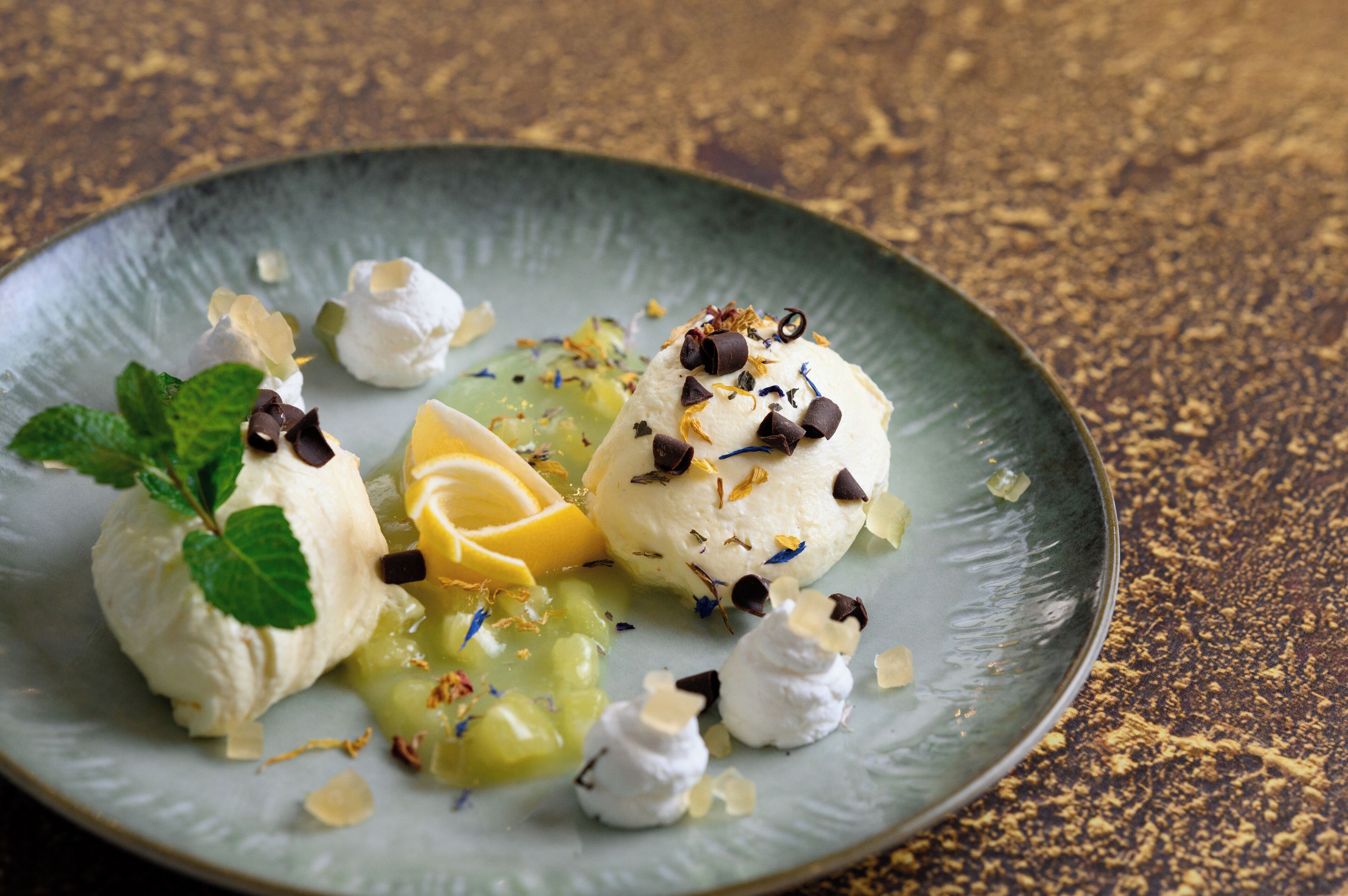 A dessert plate with ice cream and fruit garnishes.