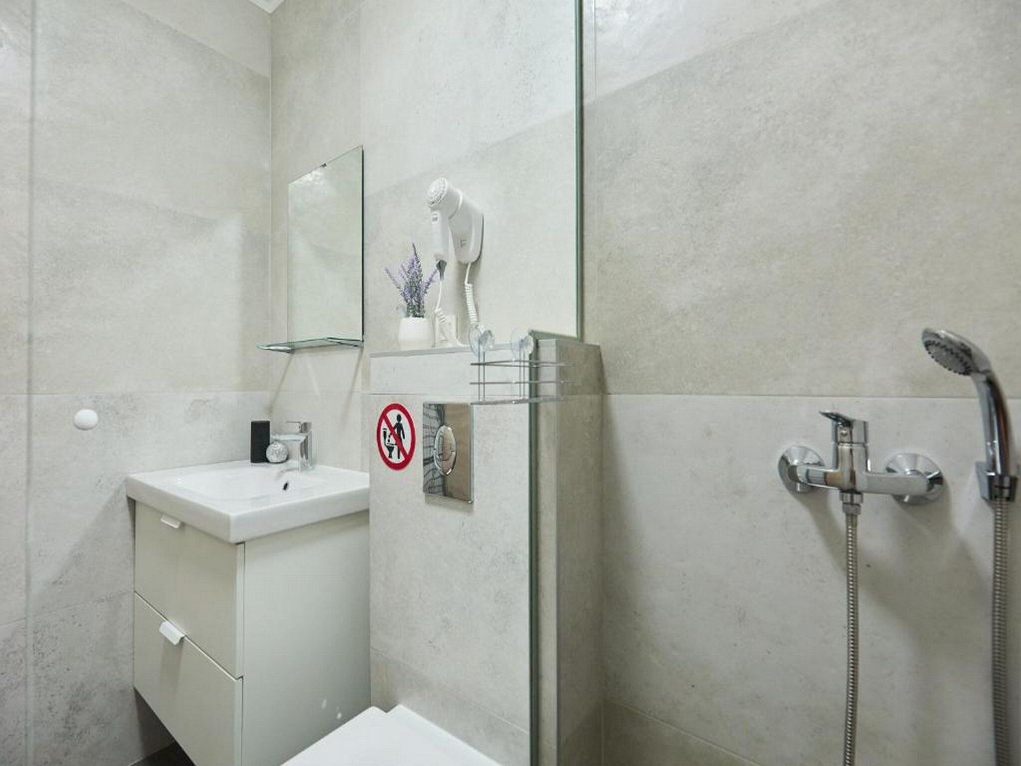A modern bathroom with a glass shower enclosure, a white sink, and a mirror.