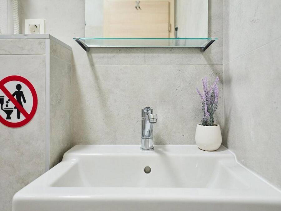 A bathroom with a white sink, a glass shelf above it, and a no-smoking sign.