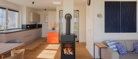 Smart TV, fireplace, books, stereo
