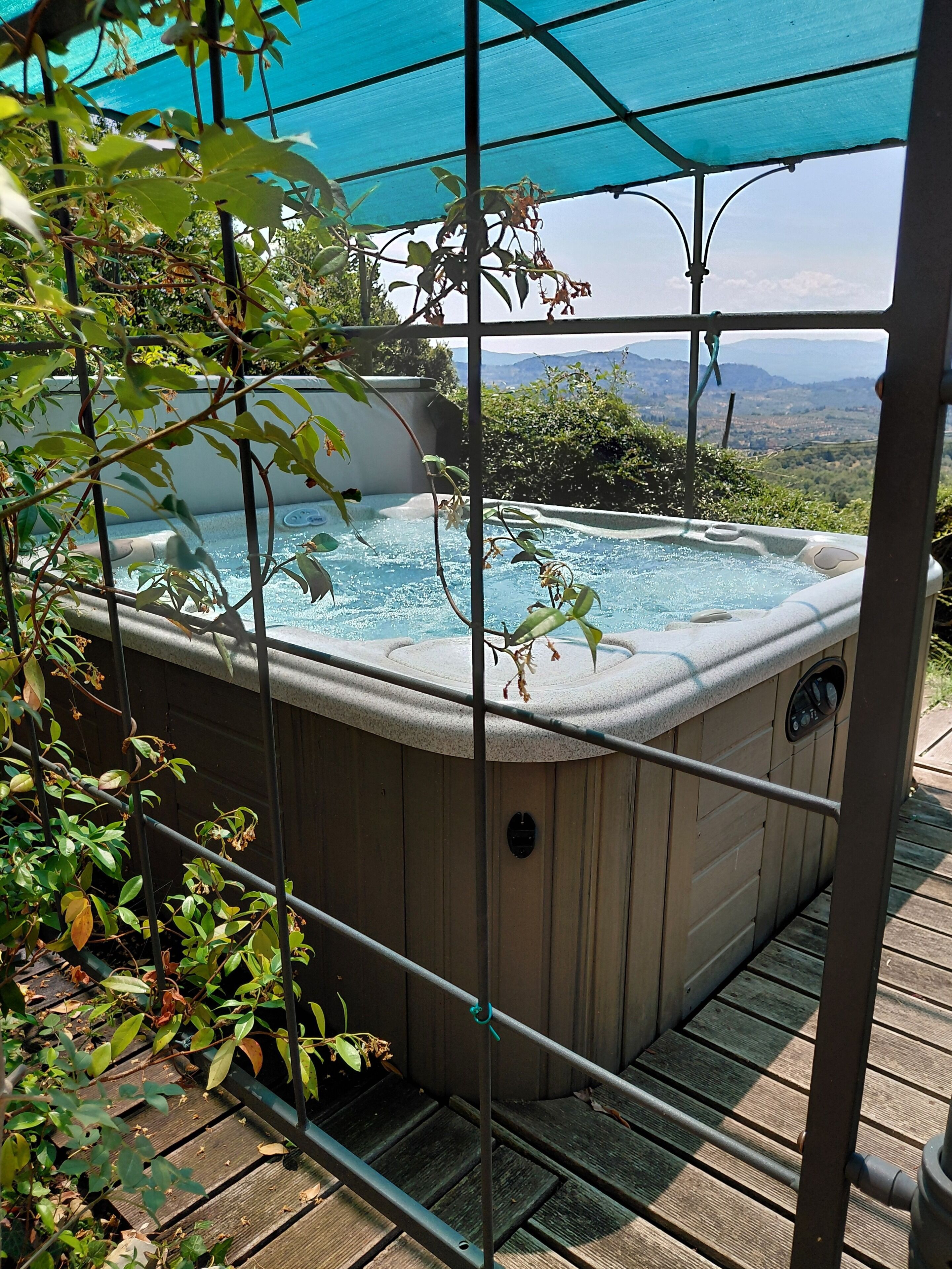 Ein Whirlpool unter einer blauen Markise, umgeben von Grünpflanzen und mit Blick auf eine reizvolle Landschaft.