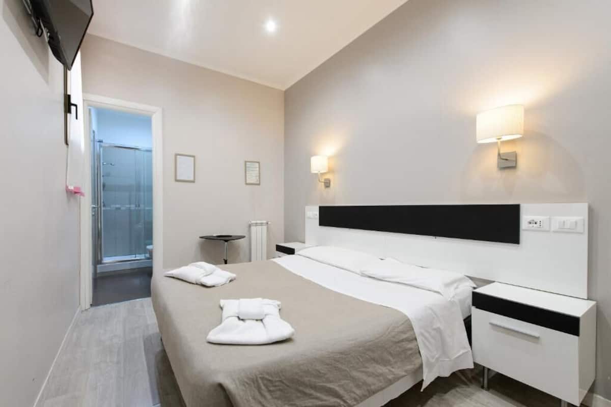 A modern hotel room with a large bed, bedside tables, a TV, and a shower area.