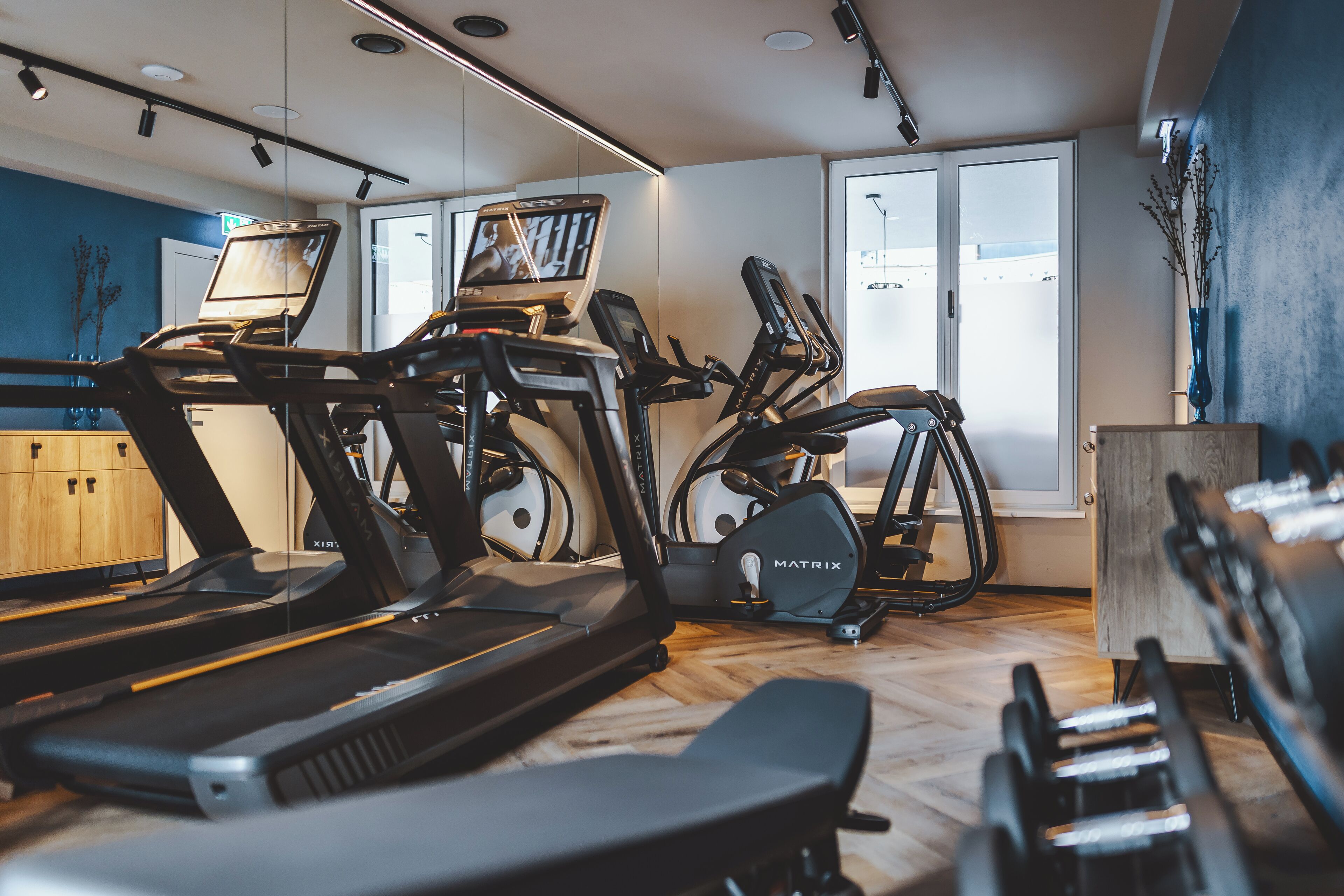 Een huisgym met loopbanden, elliptische trainers en losse gewichten.