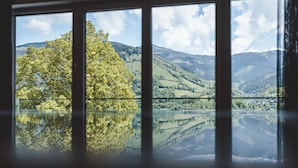 Blick durch ein Fenster, mit Spiegelung eines Baumes und Hügeln.
