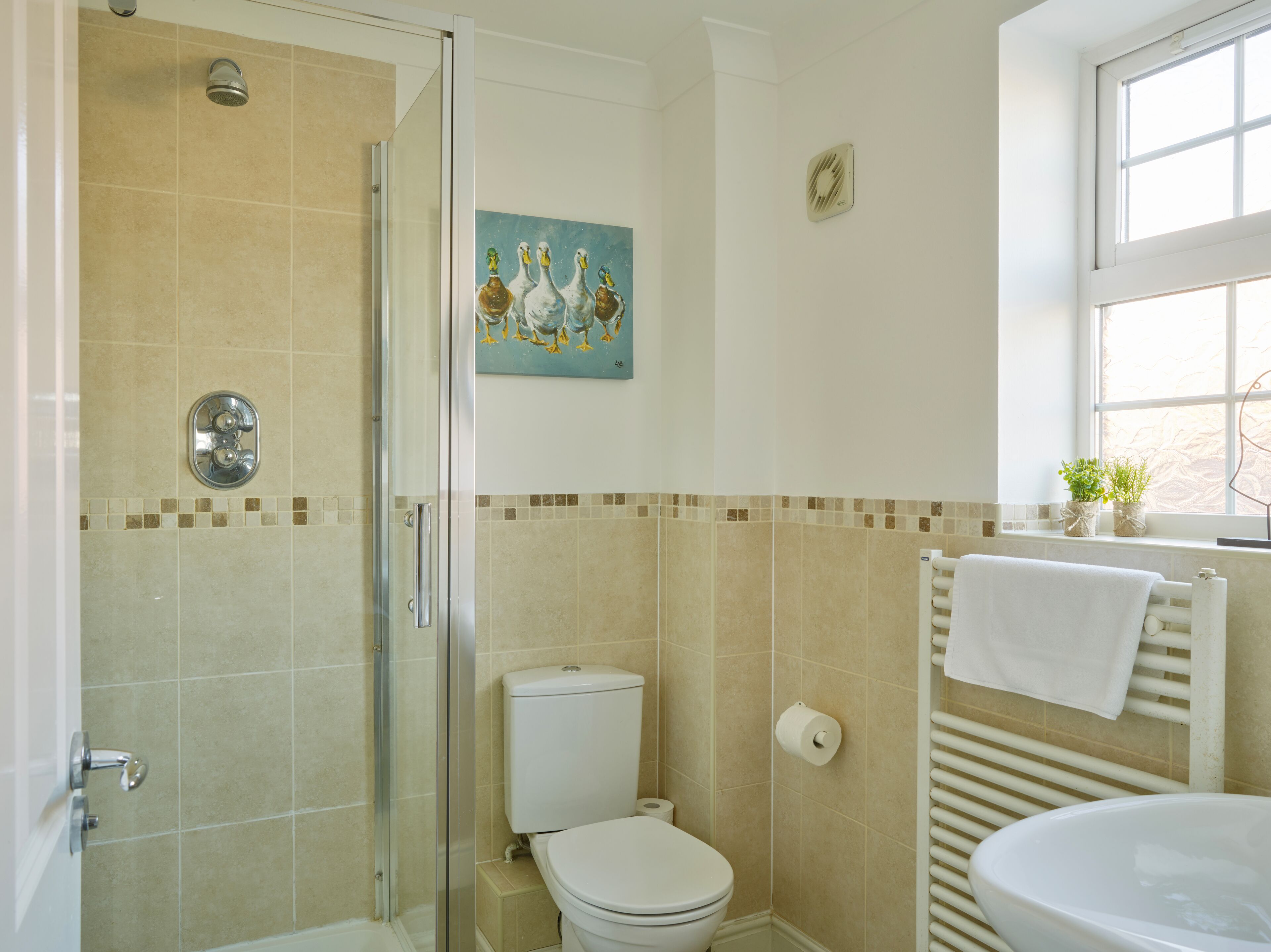 A bathroom with a glass shower enclosure, a toilet, a sink, and a window with plants.