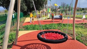 A playground with a tire swing, a slide, and a climbing structure.