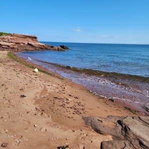 Ein sandiger Strand mit vereinzelten Felsen und einem wolkenlosen, blauen Himmel.