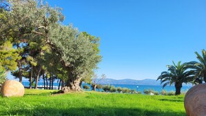 A grassy area with large boulders, trees, and a view of the sea and mountains. - O Paradise Beach Resort & Spa (Eretria)