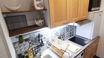 Frigorífico, microondas, horno y placa de cocina