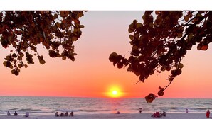 A beach scene with a wooden bench, people relaxing, and a sunset in the background. - Vacation in Paradise, Naples, FL (Naples)