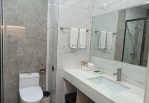 Modern bathroom with a sleek toilet, glass shower enclosure, and a sink with a mirror.