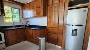 A kitchen with wooden cabinets, a stainless steel refrigerator, a trash bin, and a window with a view of greenery. - 3 bd condo with rooftop across the street from beach! (Rio San Juan)