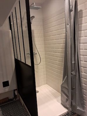 Douche, séchoir à cheveux, serviettes fournies, savon