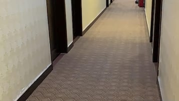 Un pasillo con alfombra estampada, puertas y un extintor.