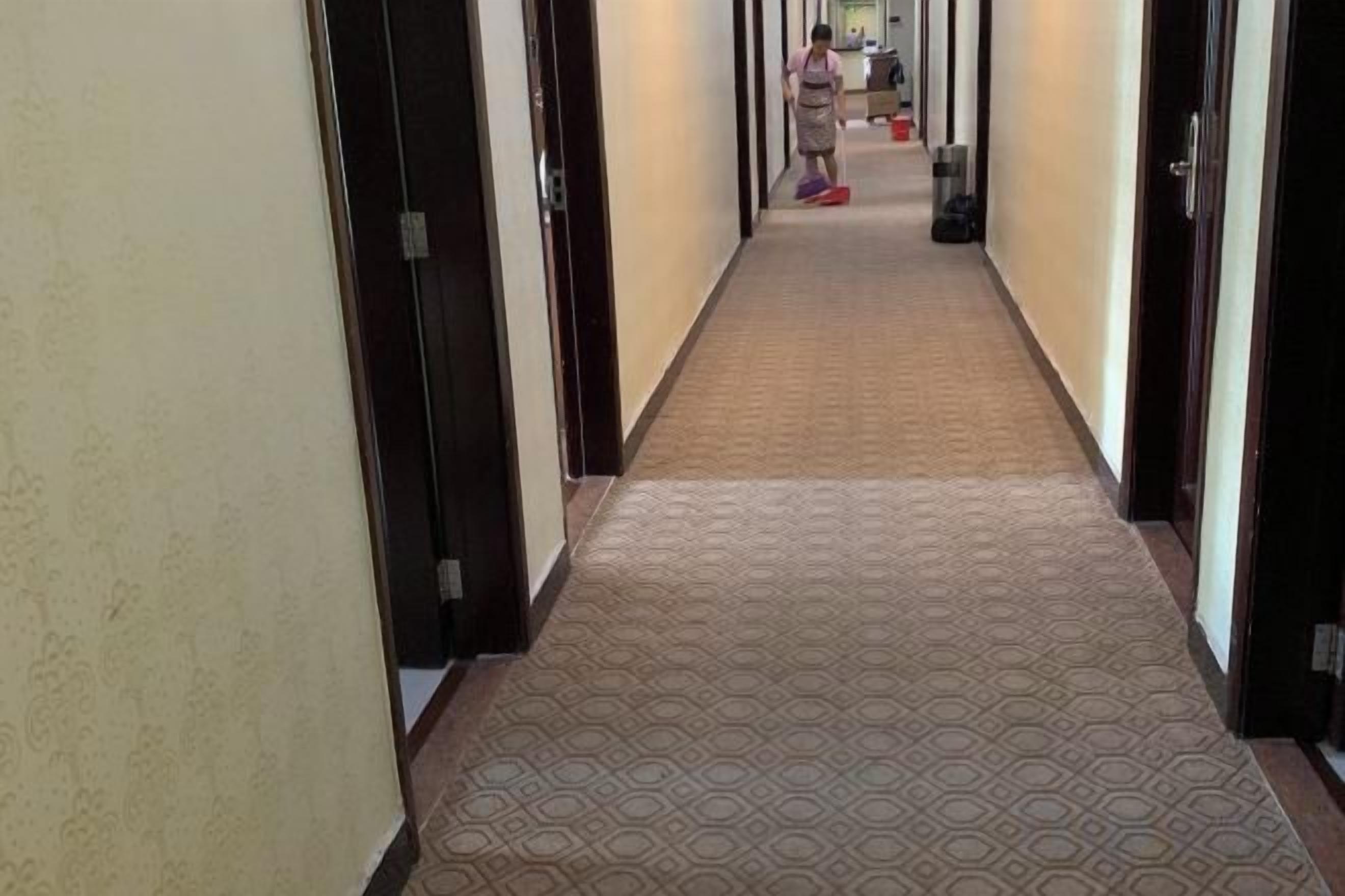 Un couloir avec un tapis à motifs, des portes de chaque côté et une personne au loin.