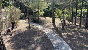 Un sentier qui traverse un jardin planté d’arbres et d’arbustes.