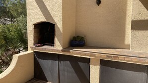 Un espace barbecue extérieur avec un mur en pierre, un barbecue encastré et une plante en pot.