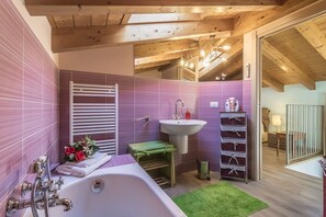 Bathtub, hair dryer, bidet, towels
