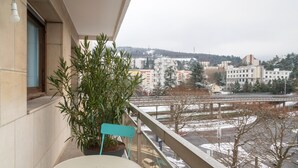 A balcony with a potted plant, a chair, and a table.