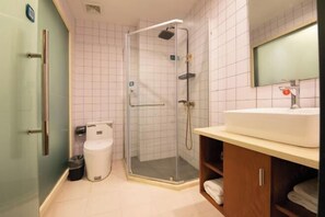 A bathroom with a glass-enclosed shower, a white sink, and a wooden cabinet. - Meimei Manju Hotel (Liushi Branch, Yueqing, Wenzhou) (Yueqing)