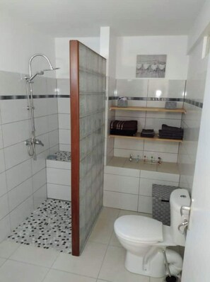 Een douche, een haardroger, handdoeken, zeep