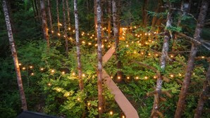 A forested area with a wooden pathway and string lights. - Pacific Bin - Sauna / Hot Tub / Steam Room (Monroe)