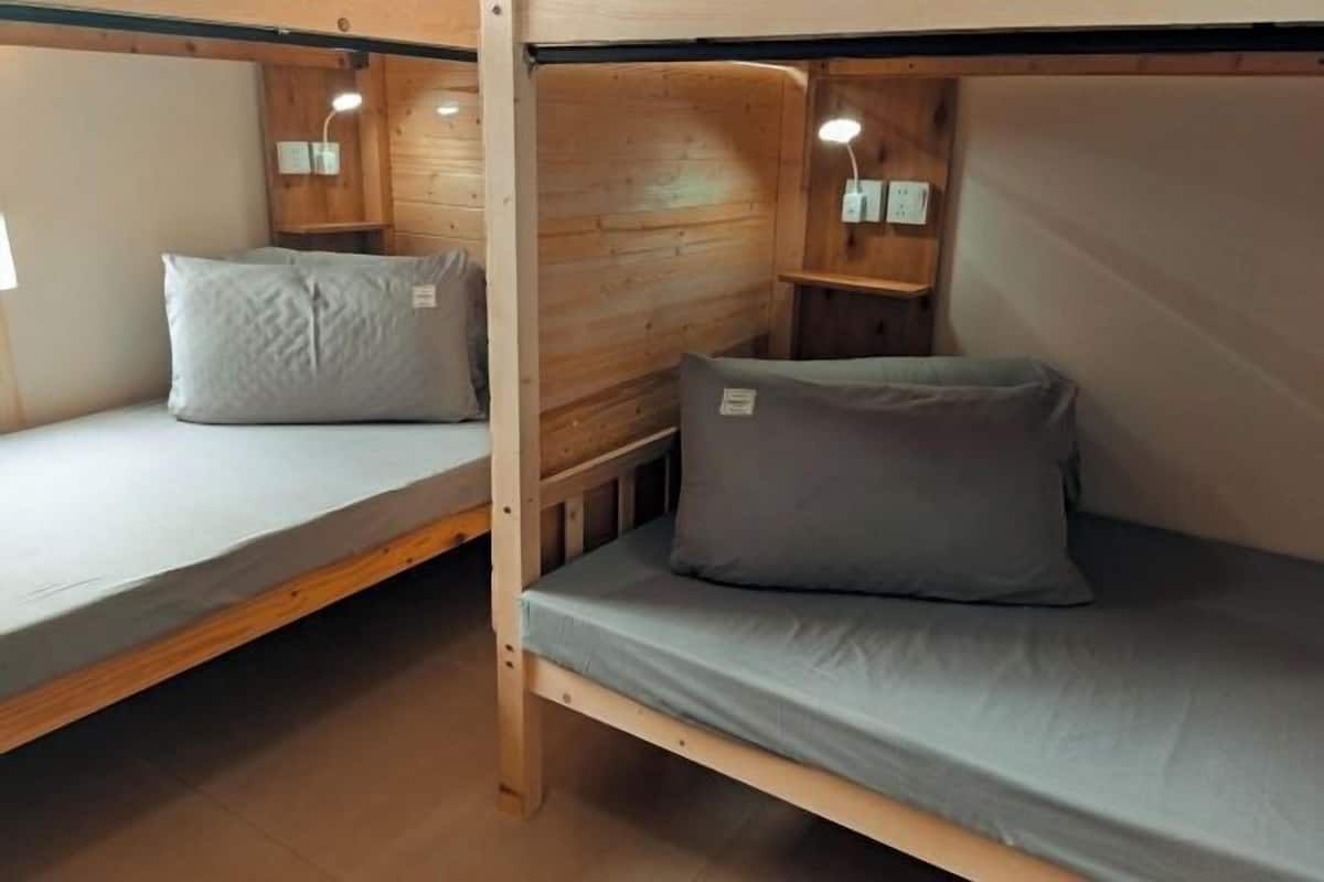A bunk bed room with wooden walls, two bedside tables with lamps, and grey bedding.