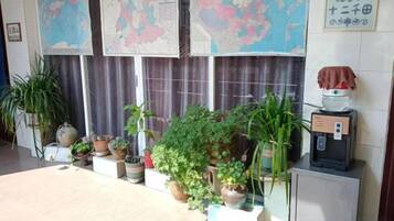 Zona de recepción con máquina de café, plantas en macetas y mapas en la pared.